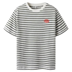 Gestreept Kinder T-shirt – Wit met Zwarte Strepen en Rode Globe Print