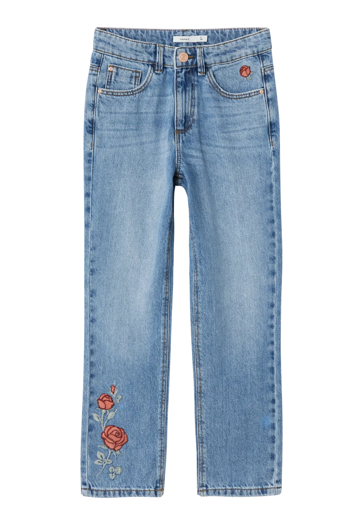 Lichtblauwe meisjesjeans met geborduurde rode rozen onderaan het pijpje – casual denim voor kinderen