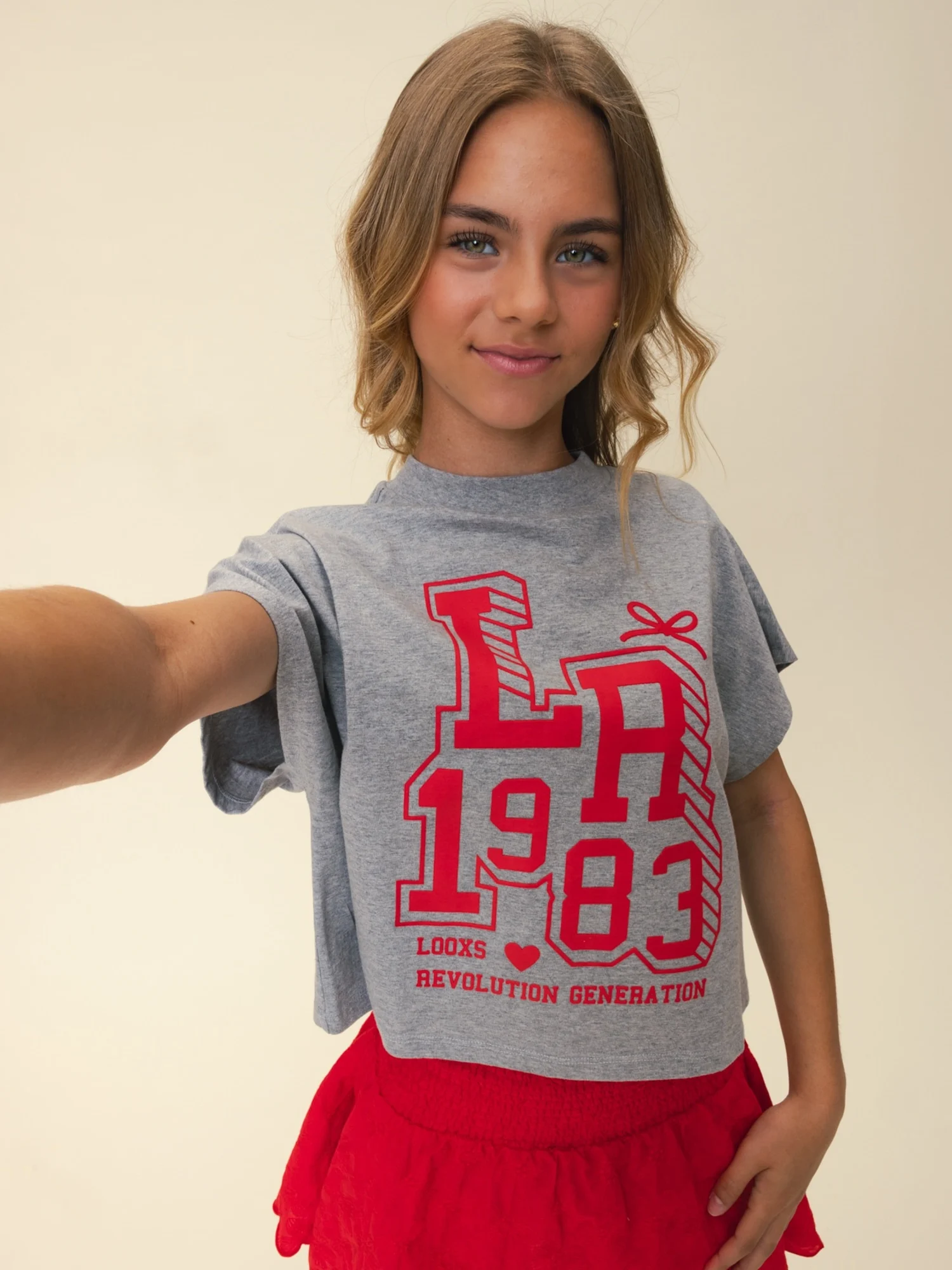 T-shirt grey melee meisjes Looxs Teens rode print