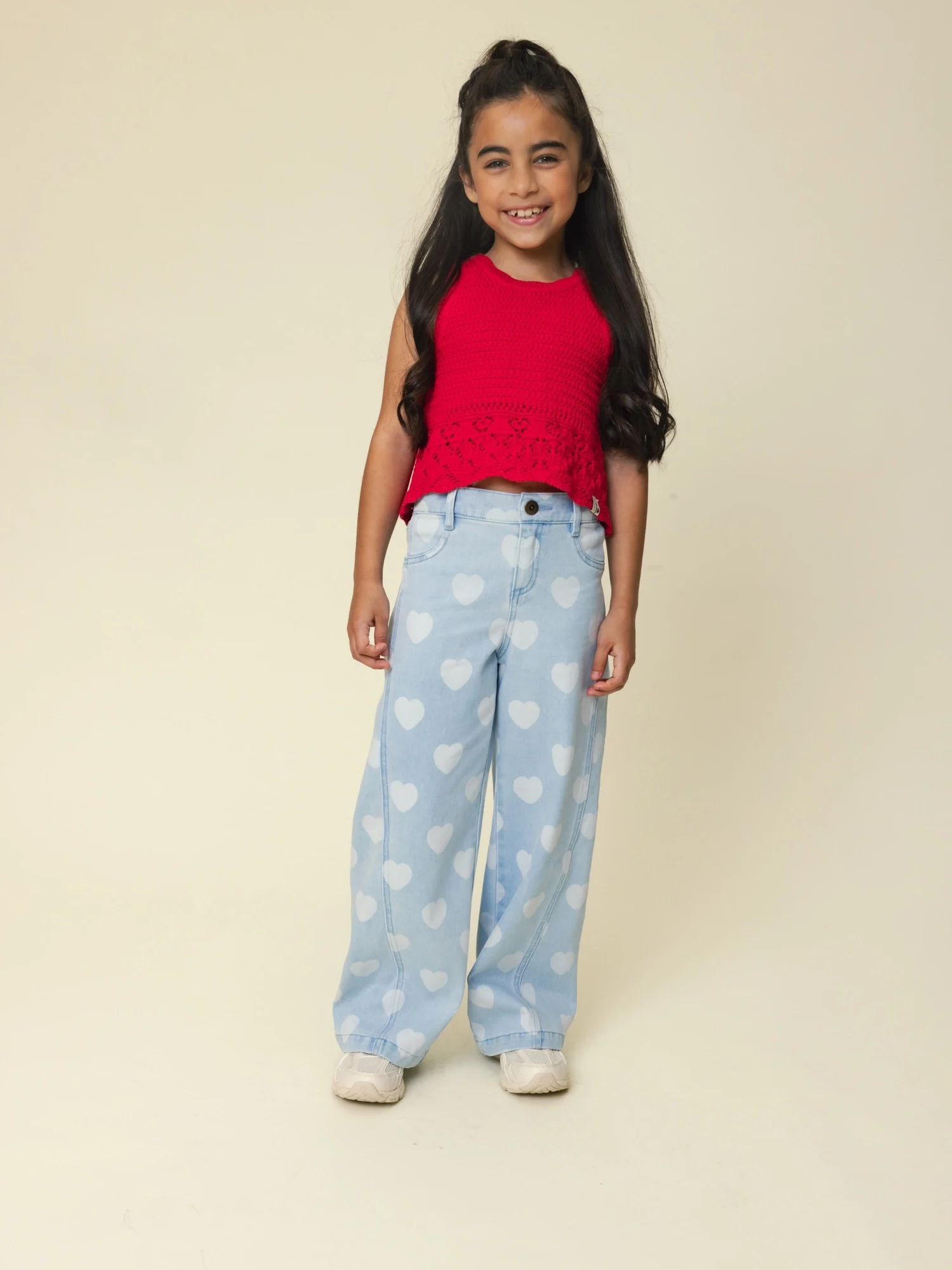Wide leg denim broek meisjes met elastische tailleband