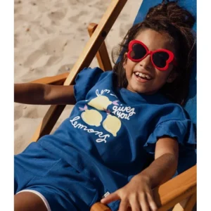Meisjes T-shirt kobalt met ruffle mouwen en print Looxs Little